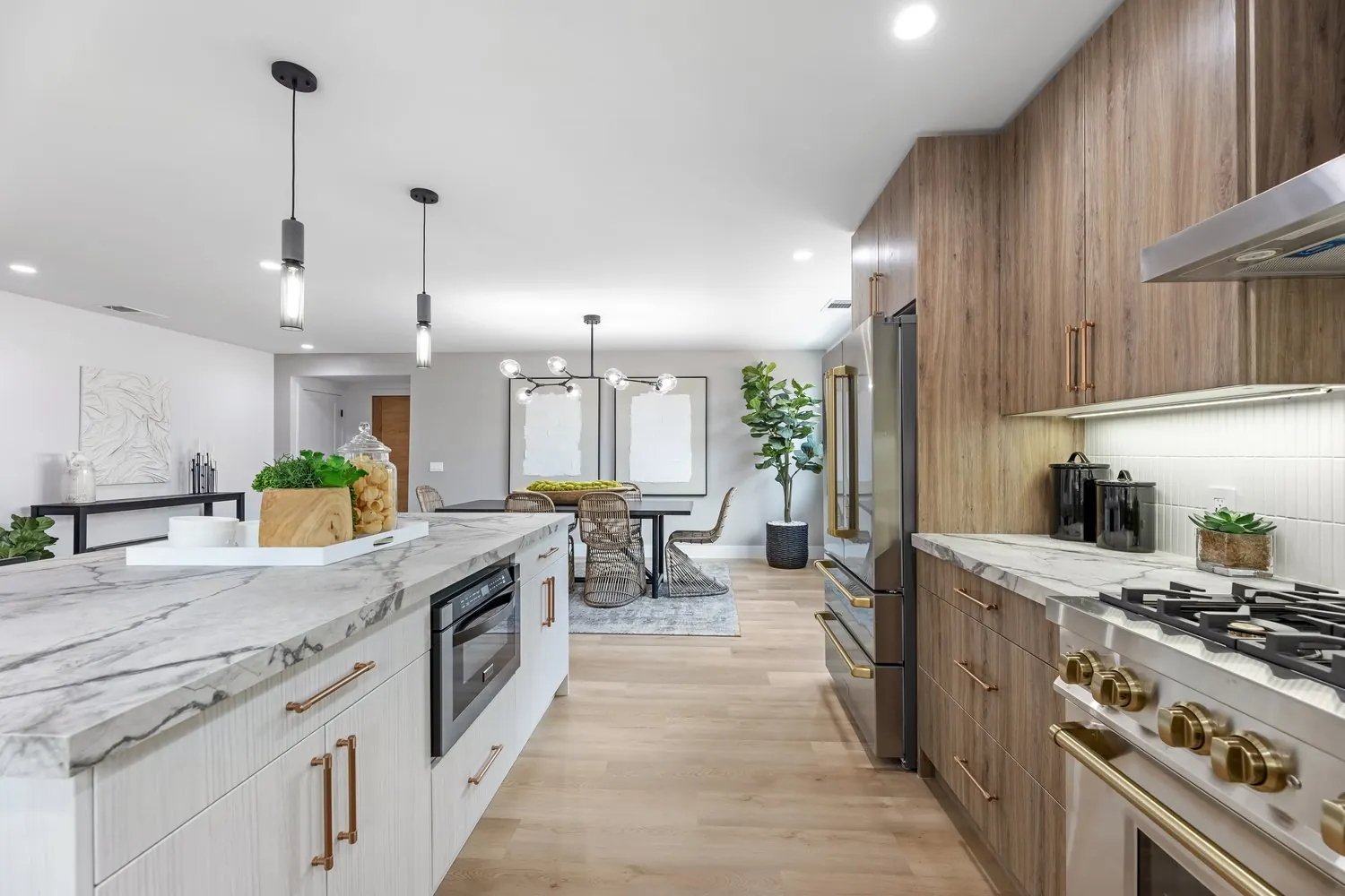 Kitchen island with a waterfall stone counter